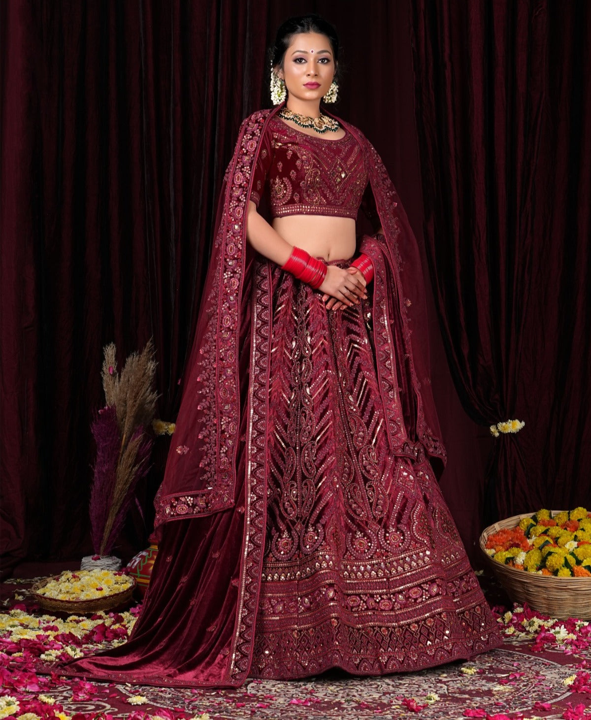 Amazing maroon double dupatta bridal lehenga velvet fabric net dupatta