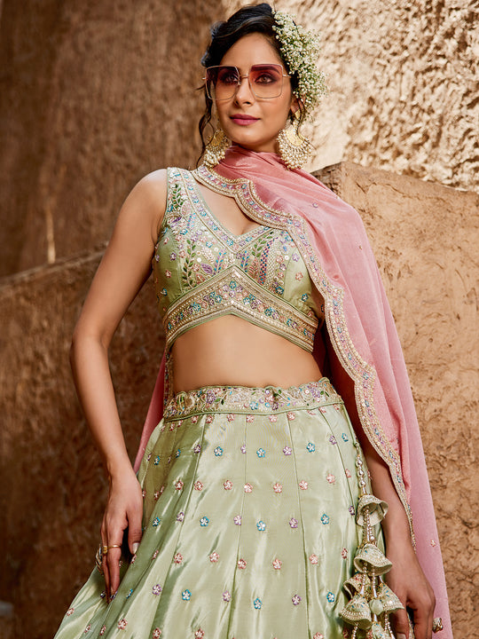 Satin Silk pink Fabric Sequins embroidery Semi-Stitched Lehenga choli & Dupatta lehenga