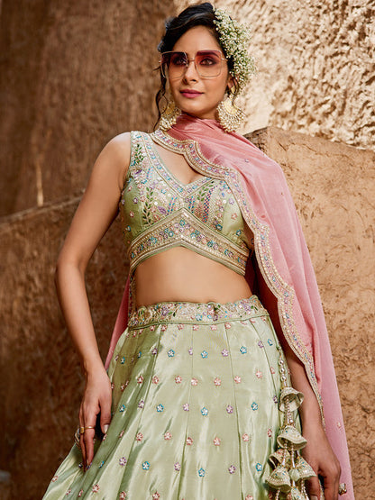 Satin Silk pink Fabric Sequins embroidery Semi-Stitched Lehenga choli & Dupatta lehenga