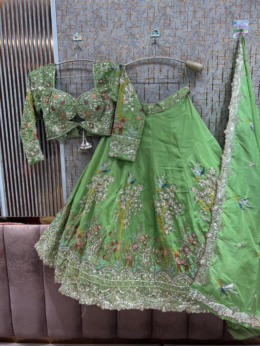 Green Peacock Crop Top Lehenga