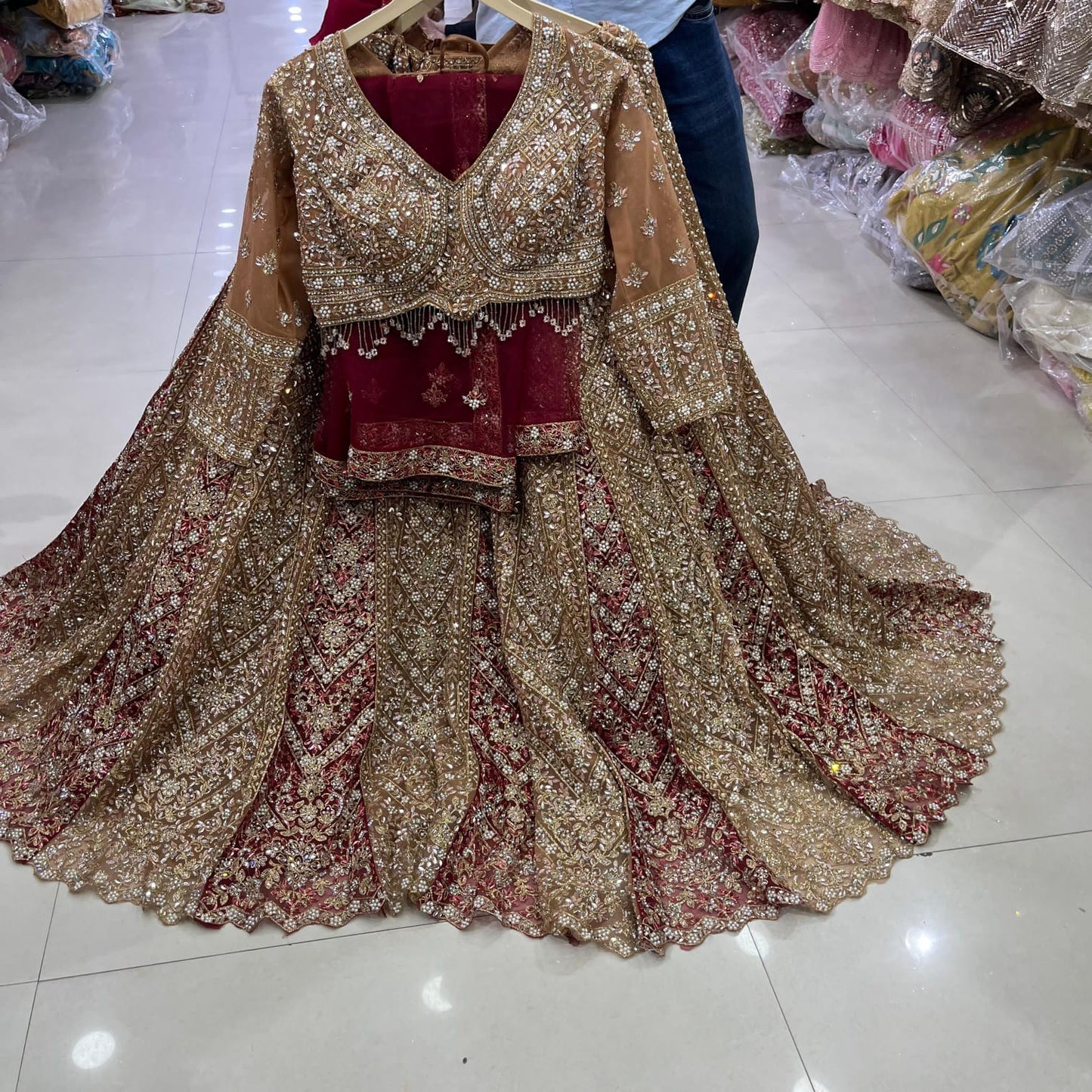 Green pink Double Shade Crop Top Lehenga
