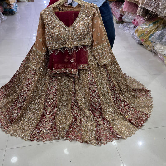 Maroon Beige Golden Double Shade Crop Top Lehenga