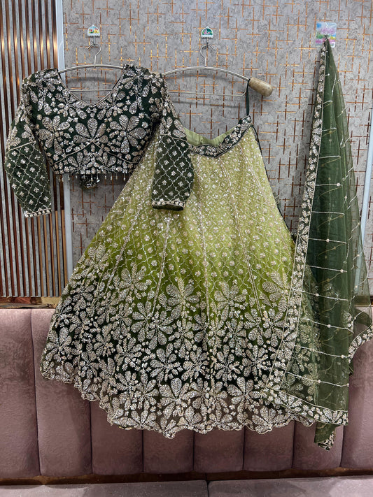 Green Double Shade Crop Top Lehenga