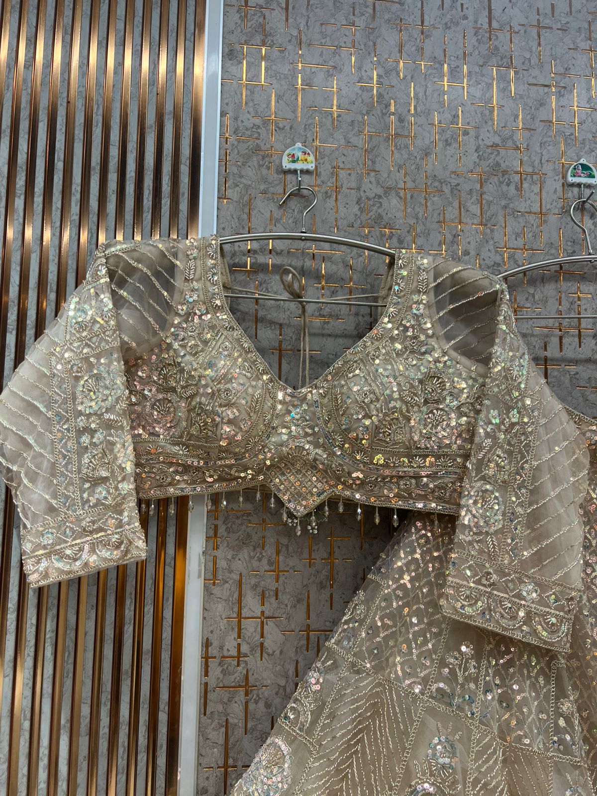 Beige Golden Crop Top Lehenga