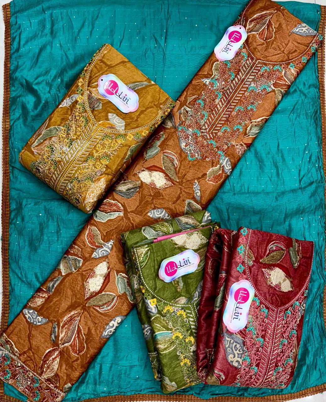 Attractive Rama green mustard Dark pink unstitched salwar suit dress material (free size)