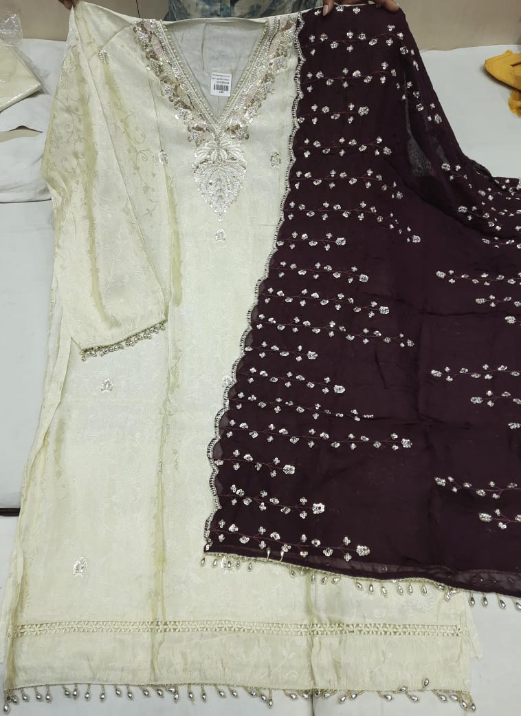 Embellished white black suit dress material (free size)