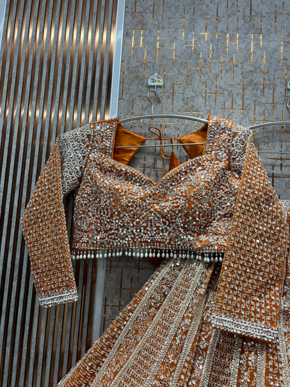 Rust Orange Mirror Work Crop Top Ready to wear Lehenga