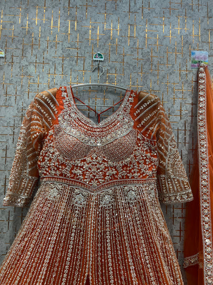 Majestic Rust Orange peplum long Dress Farshi Gaharara Dress Special