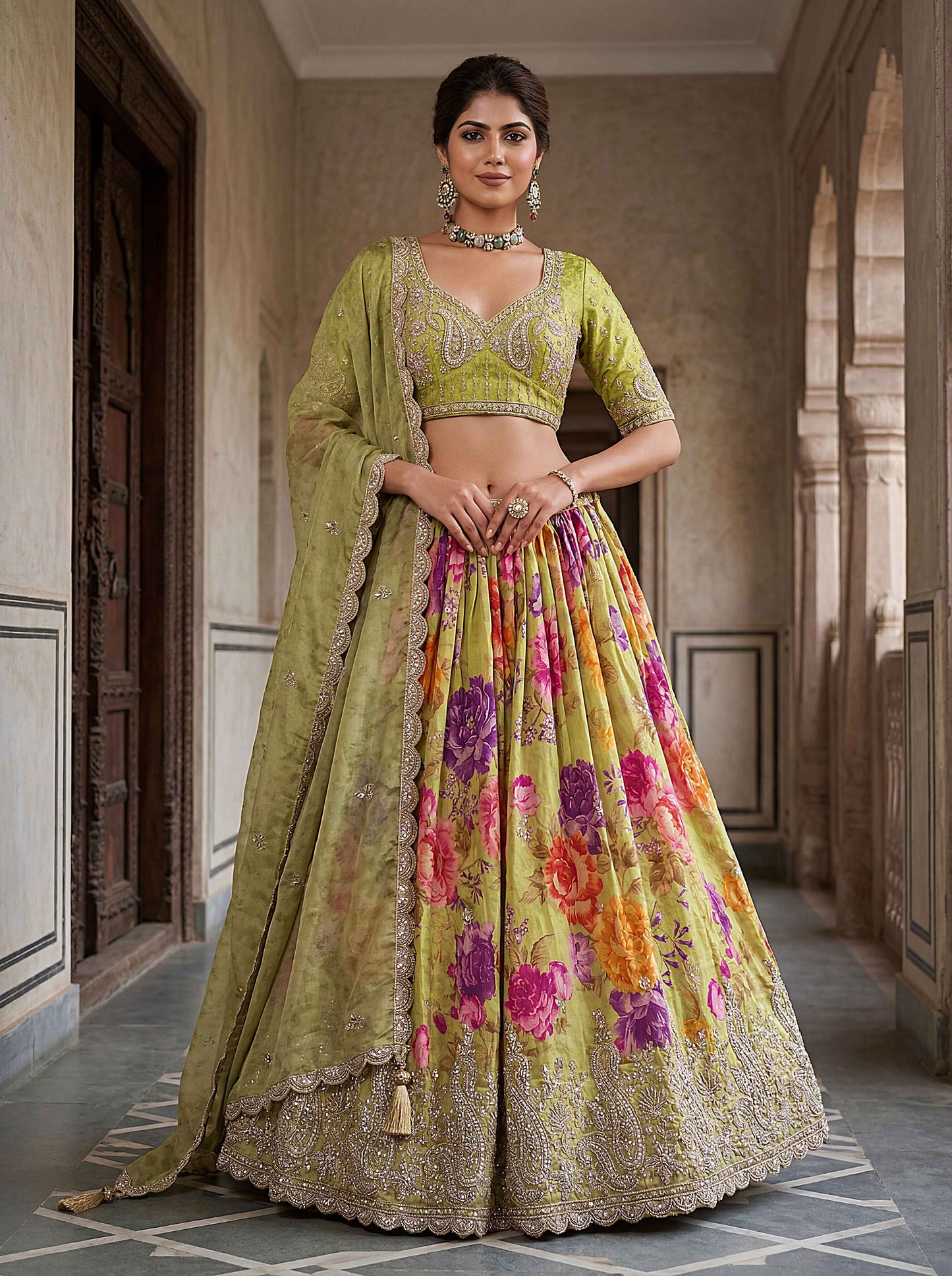 Green Tissue Fabric Bead Work Lehenga 1245