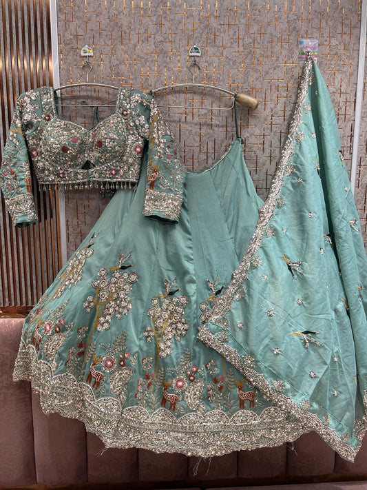 Turquoise Green peacock Crop Top Lehenga