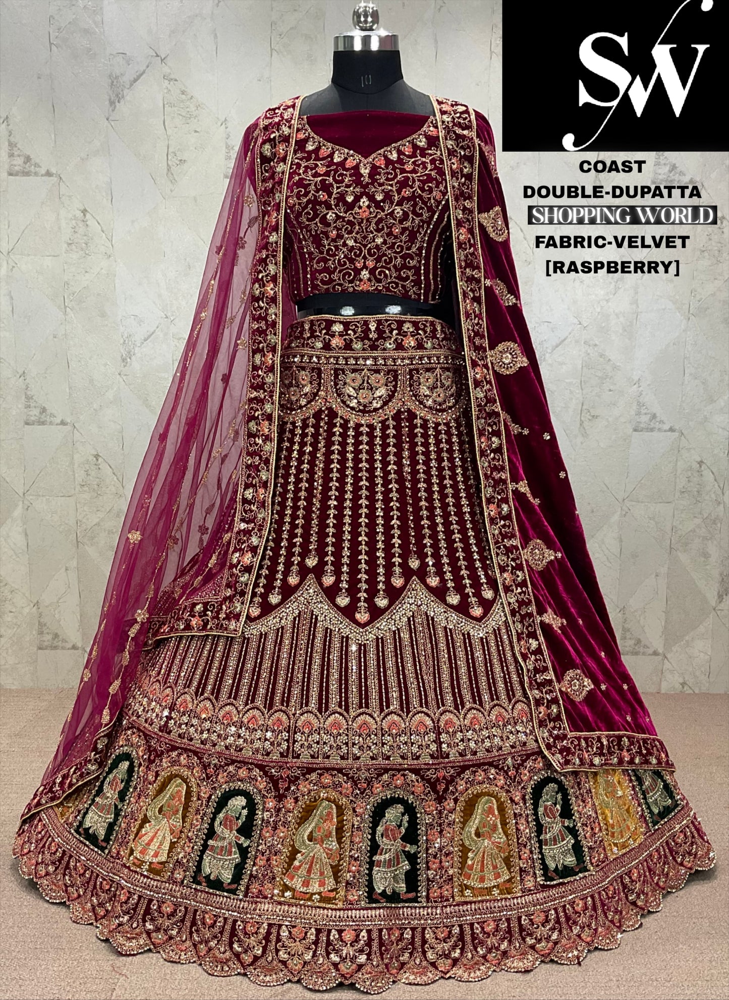 Lovely dark maroon Velvet bridal Lehenga