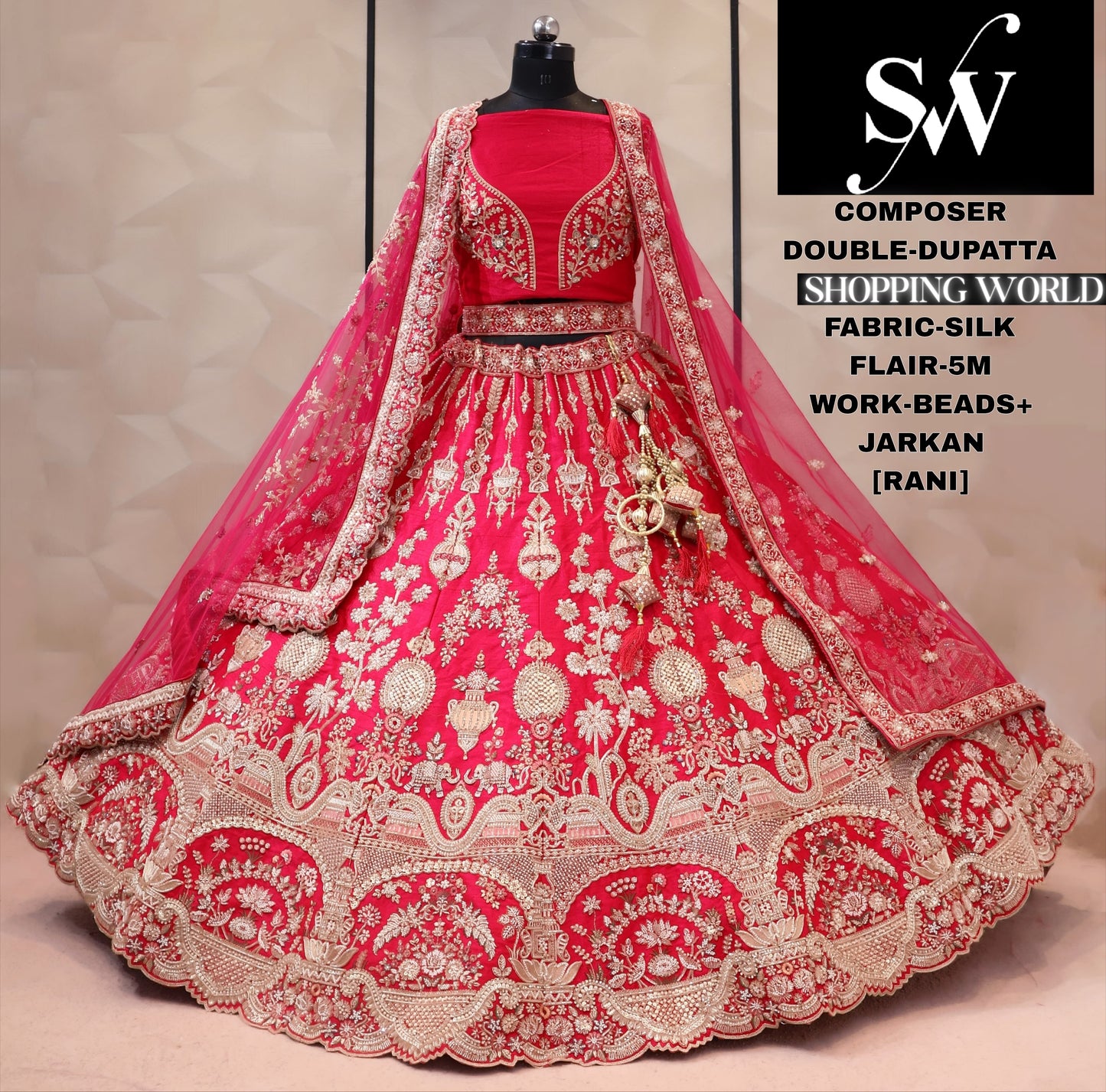 Rani pink silk double dupatta bridal Lehenga