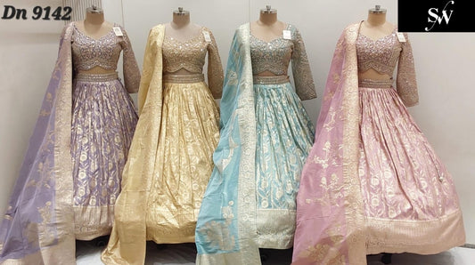Baby Pink Sky Blue Beige golden Lavender Crop Top Lehenga