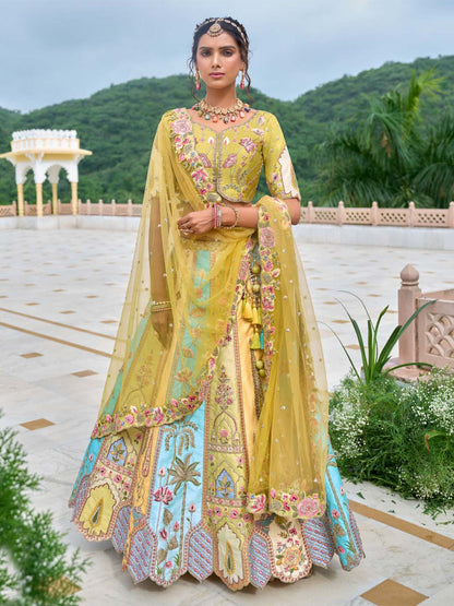 Yellow-Sky Shade Different-Kali Heavy Embroidered Cut-Work Silk Semi Stitched lehenga