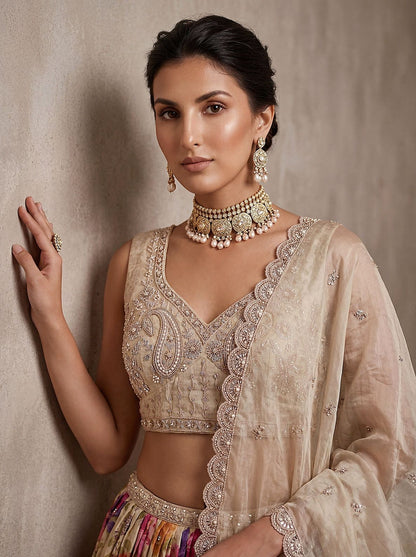 Pink Tissue Fabric Bead Work Lehenga 1245