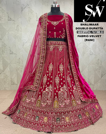 Fantastic maroon peacock Velvet bridal Lehenga