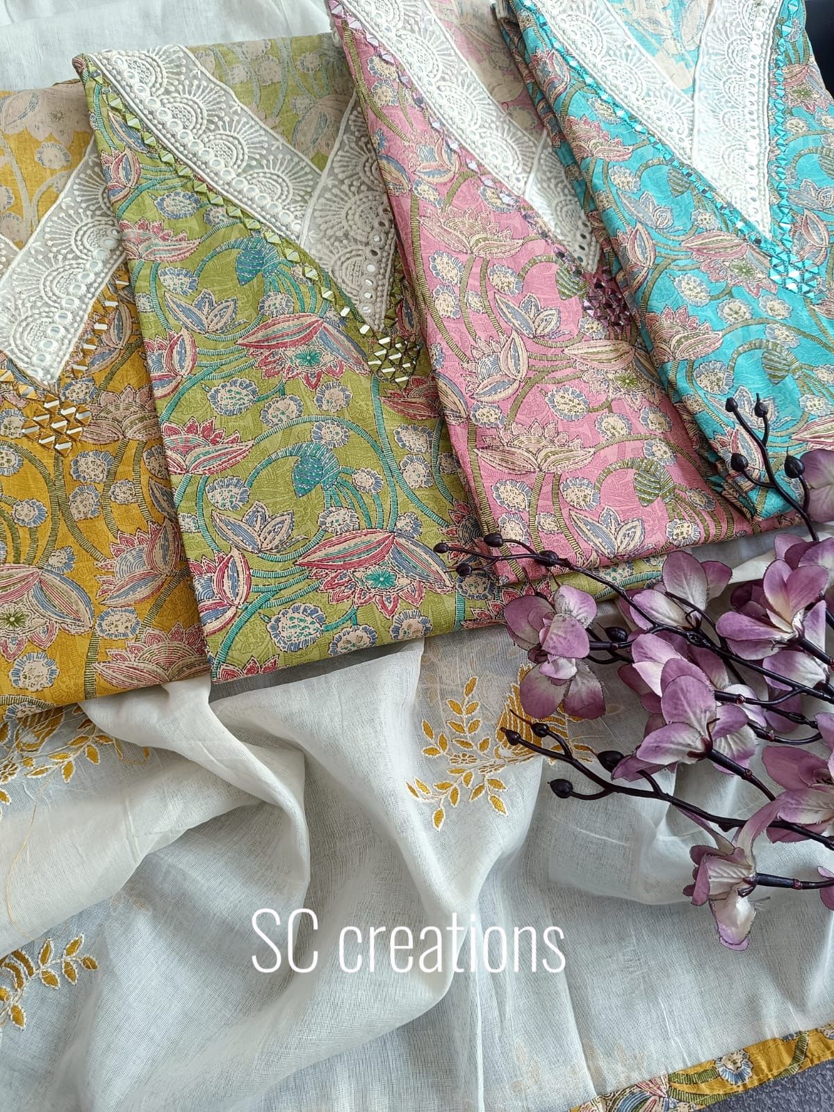 Majestic blue green pink mustard salwar suit dress material(free size)