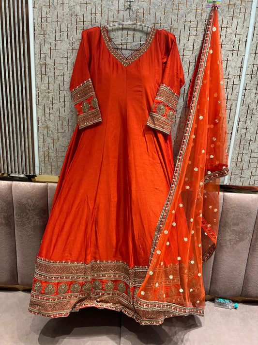 Rust Orange peplum long Dress Farshi Gaharara Dress Special
