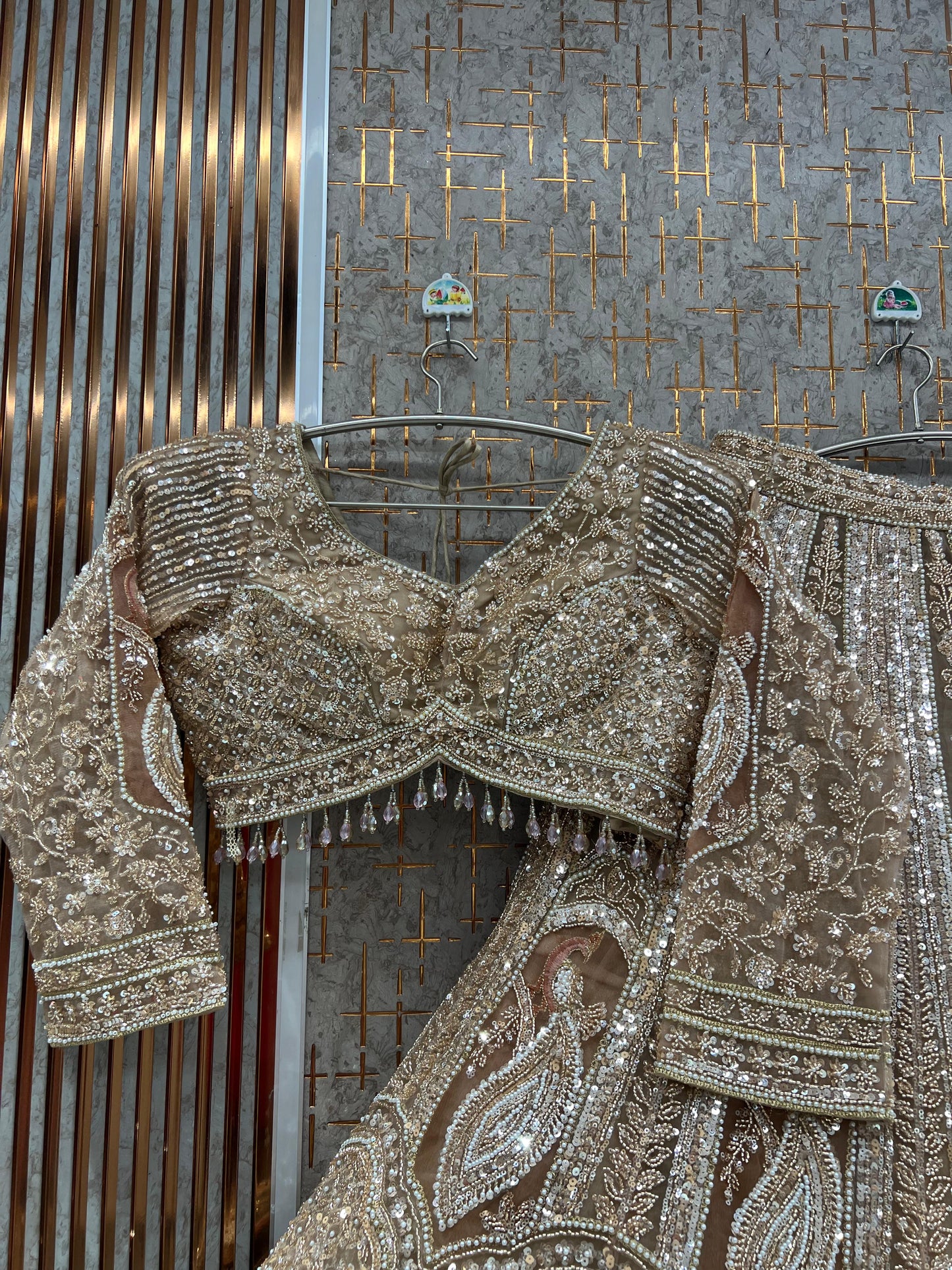 Double shade Beige golden Peacock Crop Top Lehenga