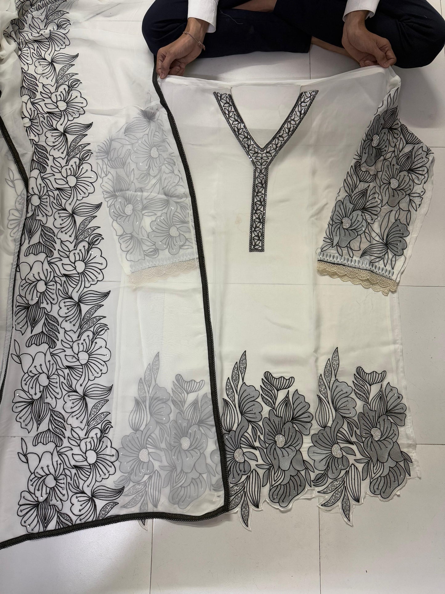 White black unstitched salwar suit dress material(free size)