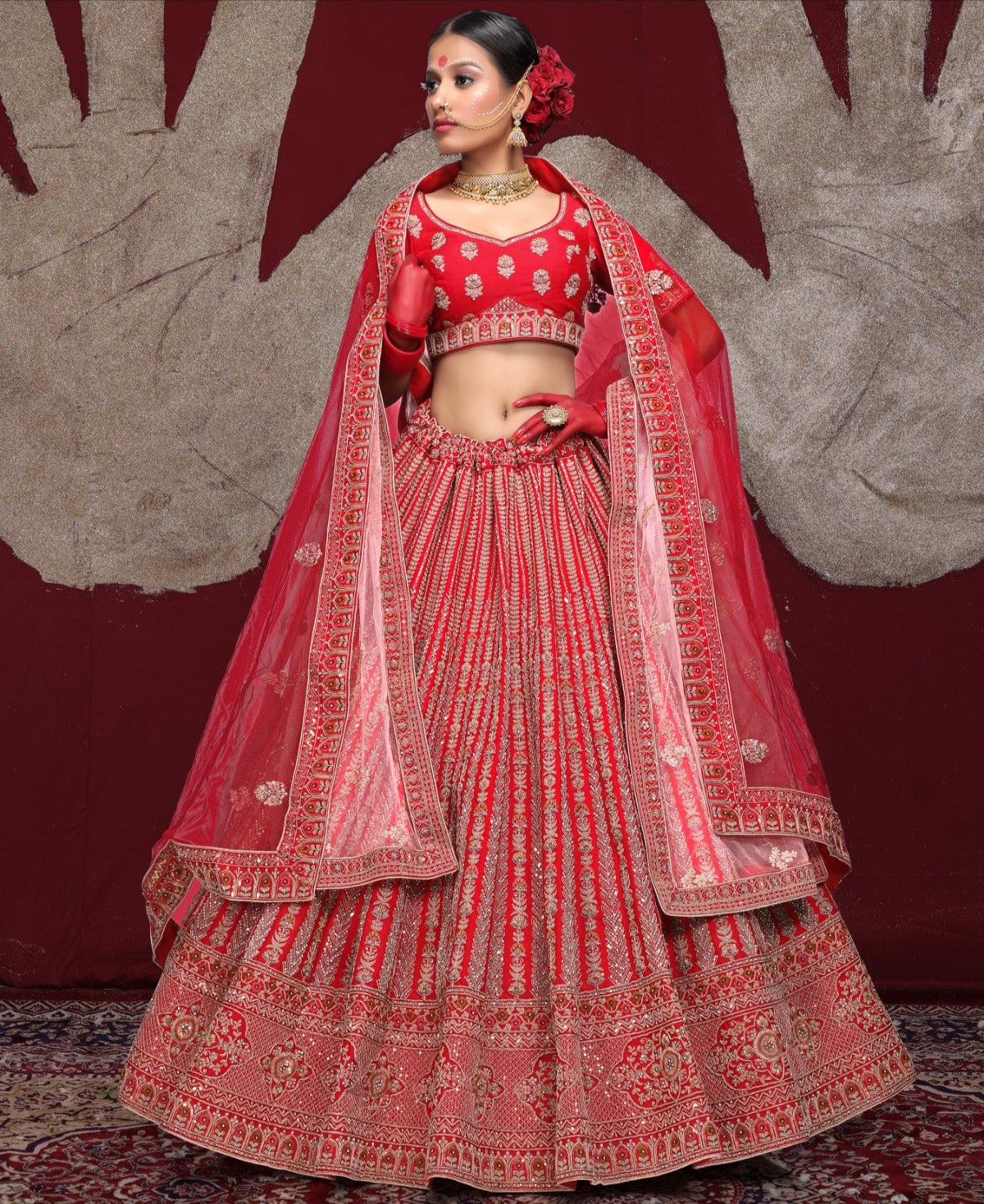Pretty rani pink double duptta bridal lehenga velvet net fabric
