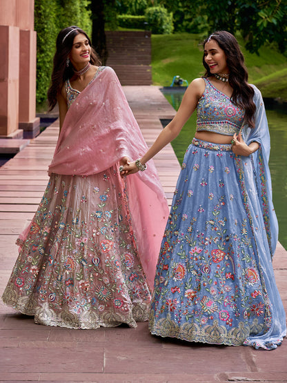 Multi-Color Sequined & Multi-Color Thread Mirror Embroidered Organza Lehenga
