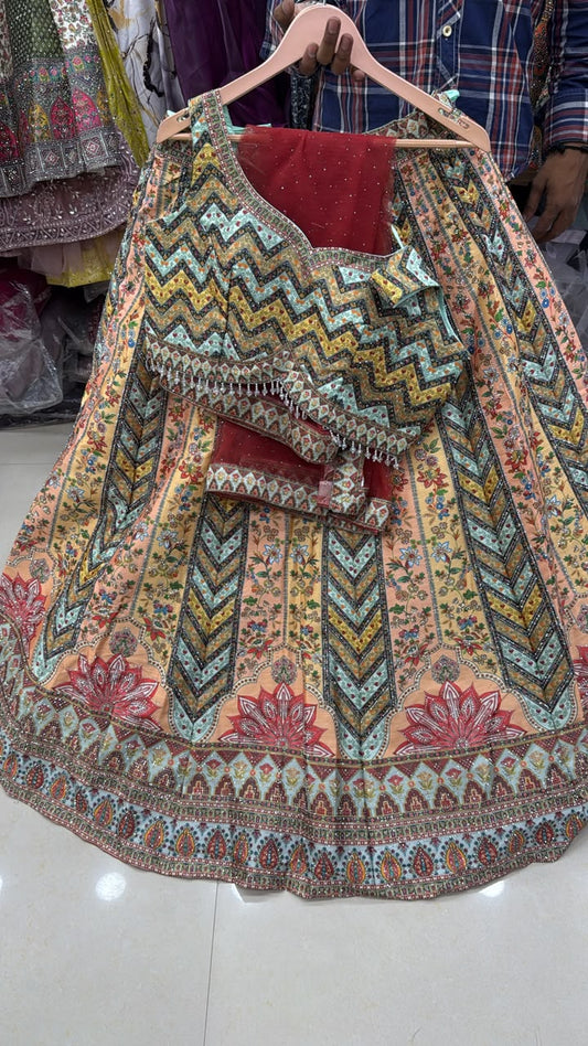 Pink Yellow Blue Double Shade Crop Top Lehenga