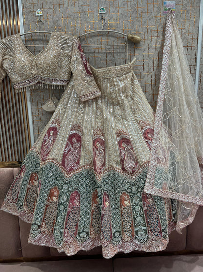 Beige golden Peacock Crop Top Lehenga
