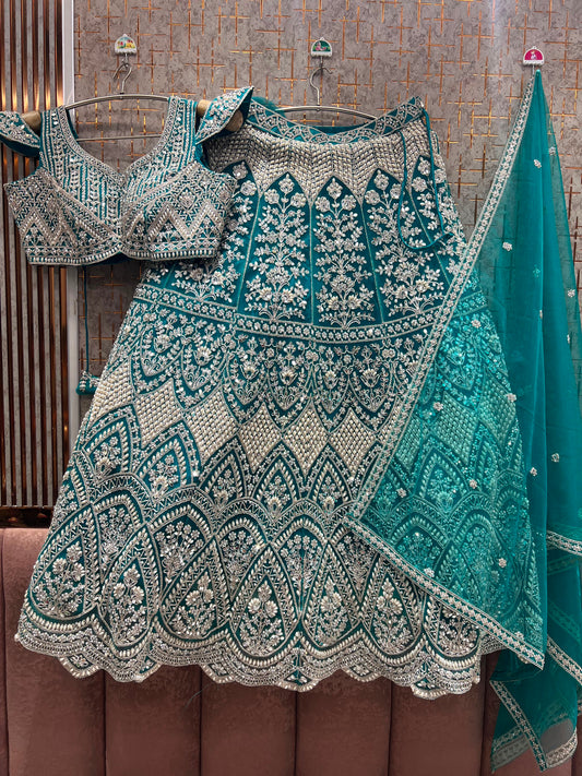 Teal Green On Green Monotone Crop Top Lehenga