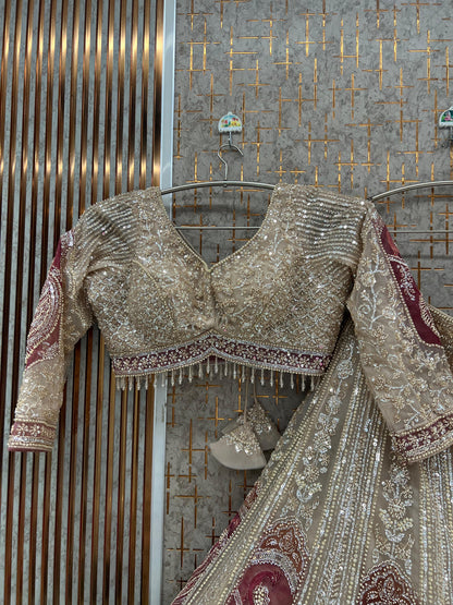 Beige golden Peacock Crop Top Lehenga