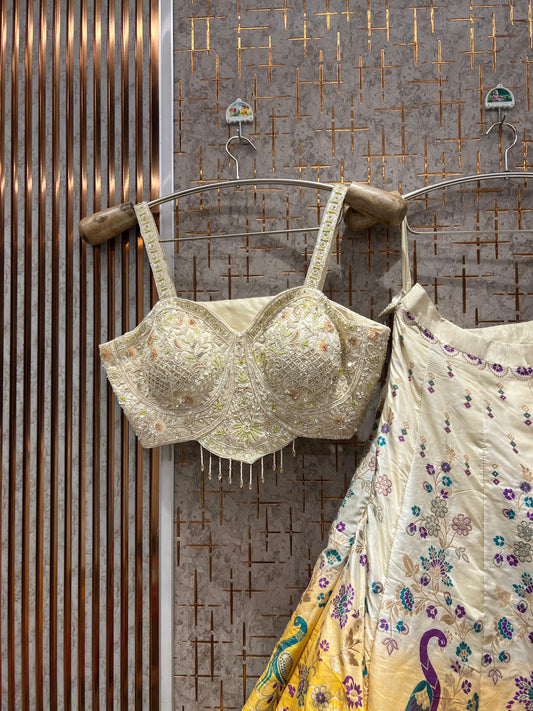 Eye Catching Yellow peacock  Crop Top Lehenga