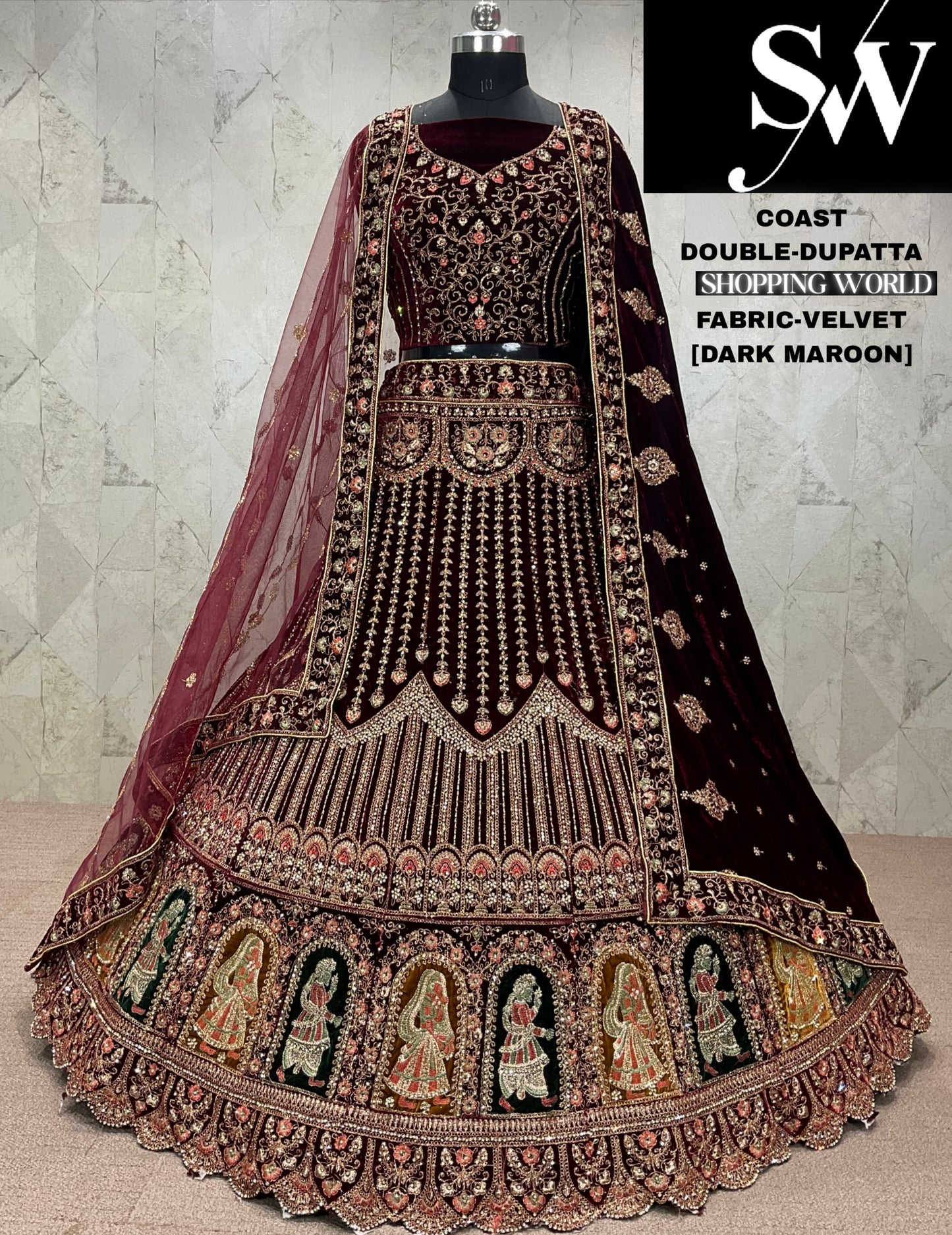 Lovely dark maroon Velvet bridal Lehenga