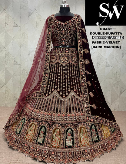 Lovely dark maroon Velvet bridal Lehenga