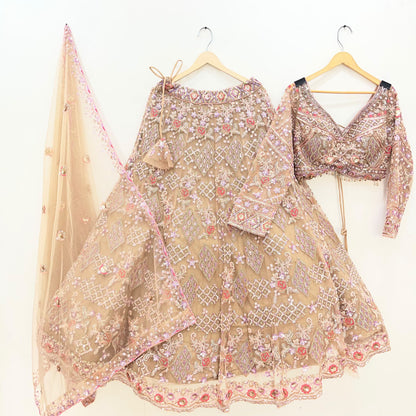 Beige Golden Crop Top Lehenga