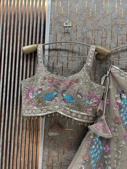 Brown Peacock Crop Top Lehenga