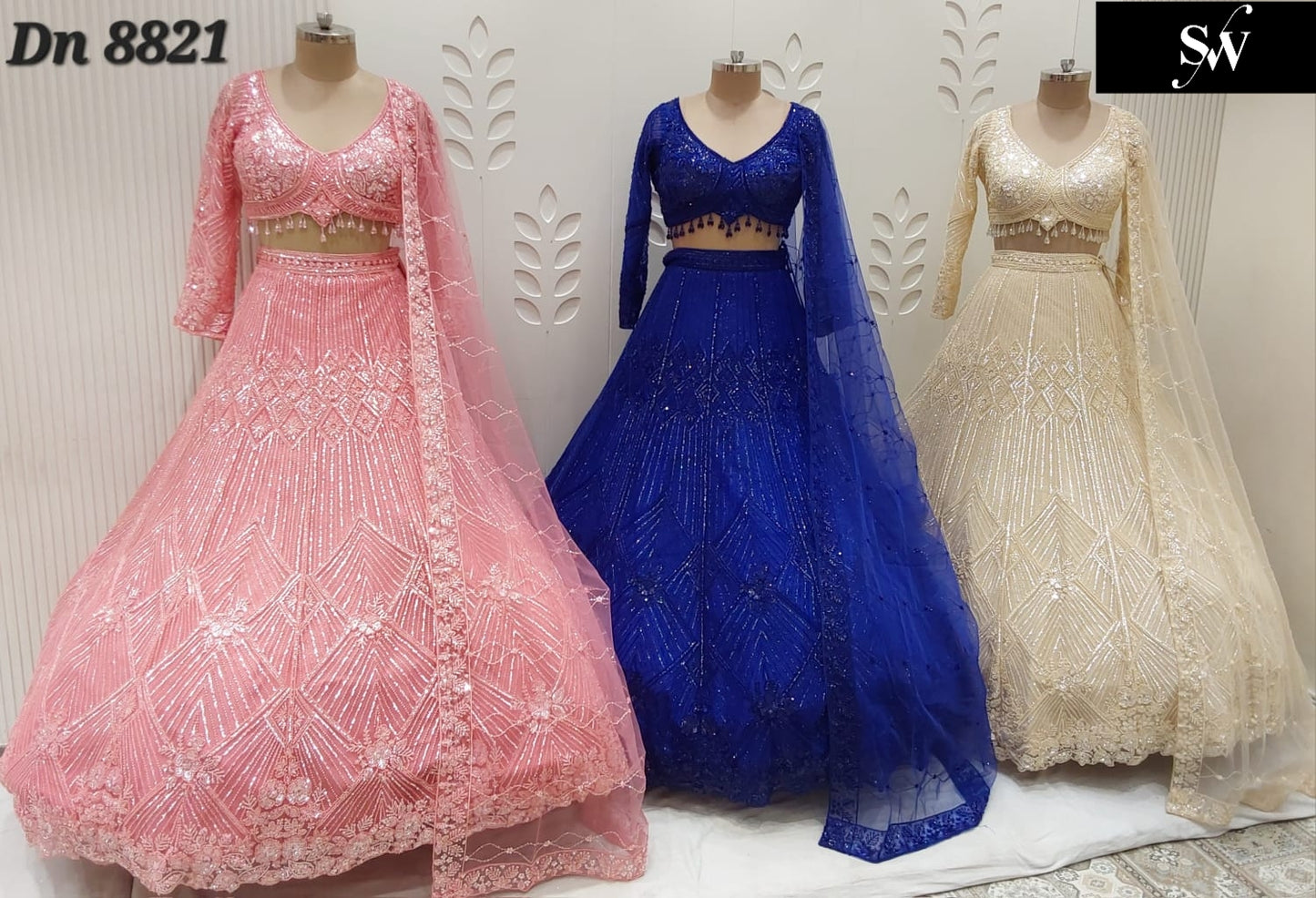 Baby Pink Royal Blue Beige Golden Crop Top Lehenga