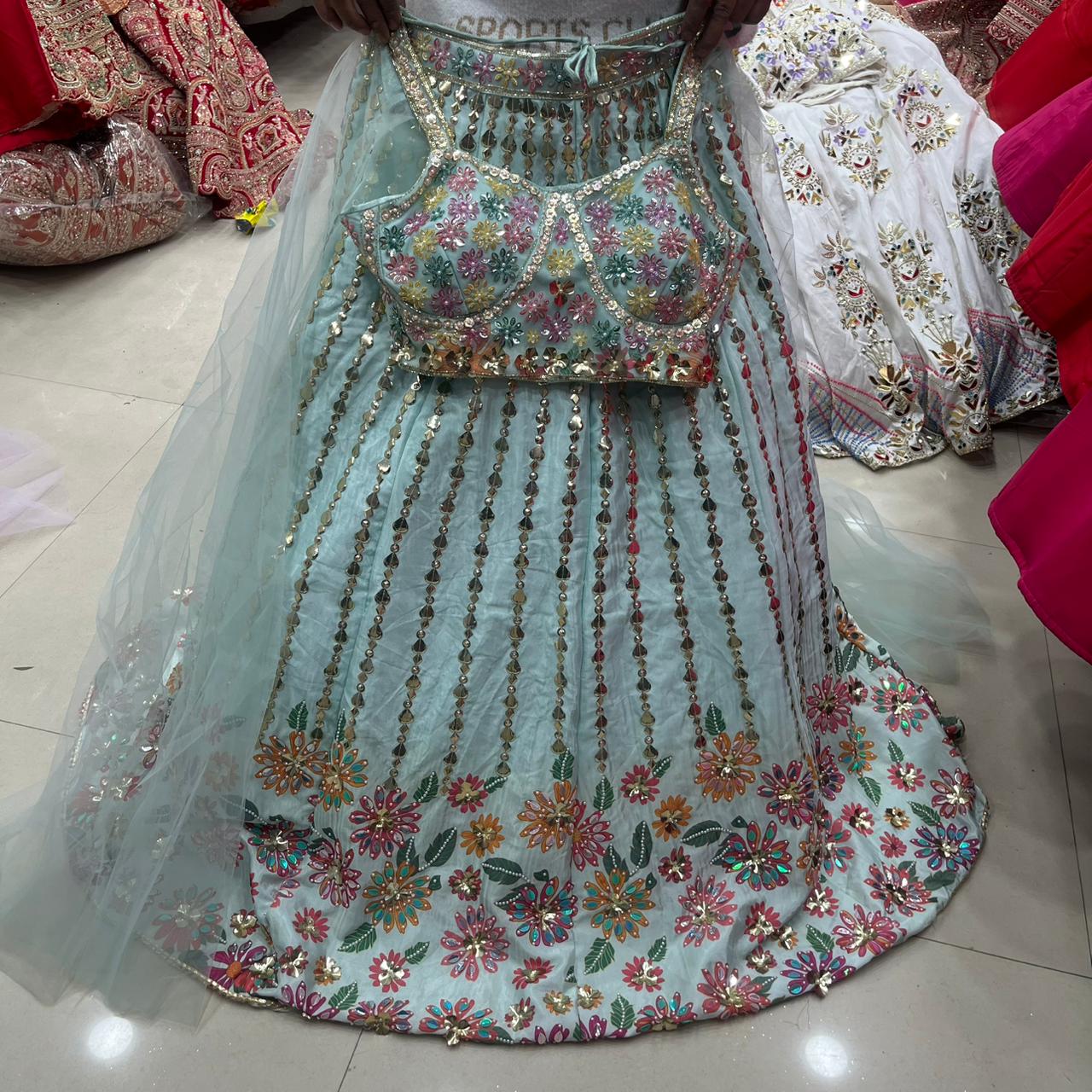 Elegant Baby pink Beads Work pdp crop Top Lehenga