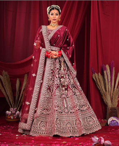 Designer maroon double dupatta bridal lehenga velvet fabric