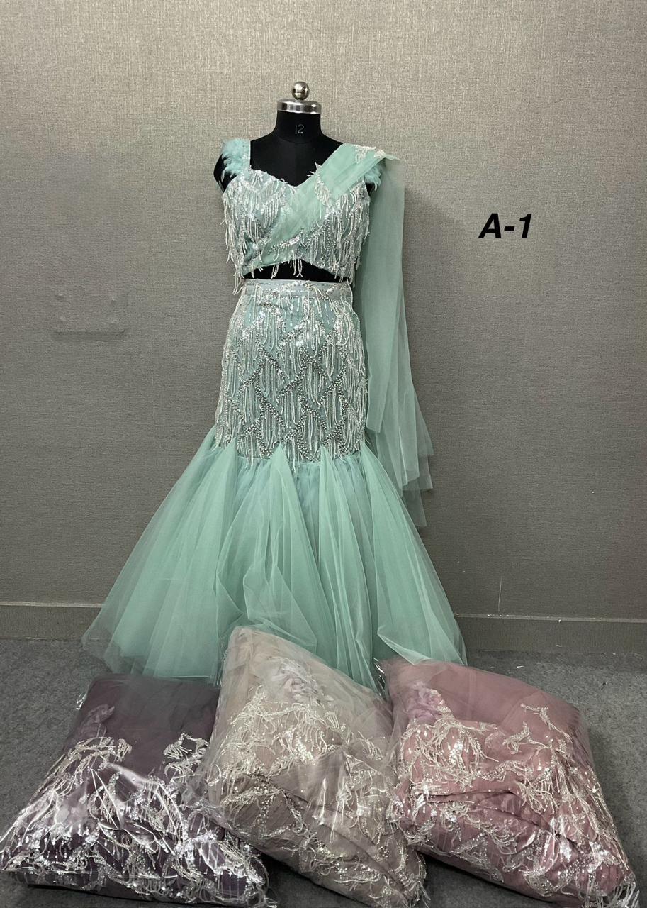 Sea Green Beige Golden Pink Crop Top Fish Cut Lehenga