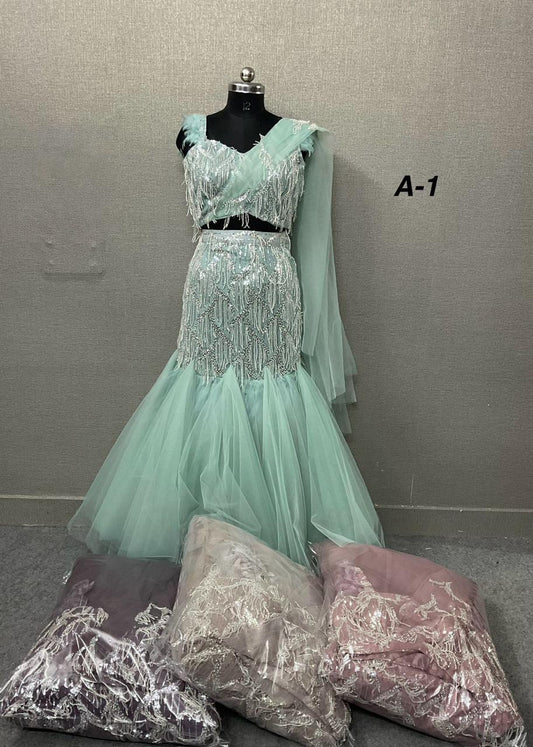 Sea Green Beige Golden Pink Crop Top Fish Cut Lehenga