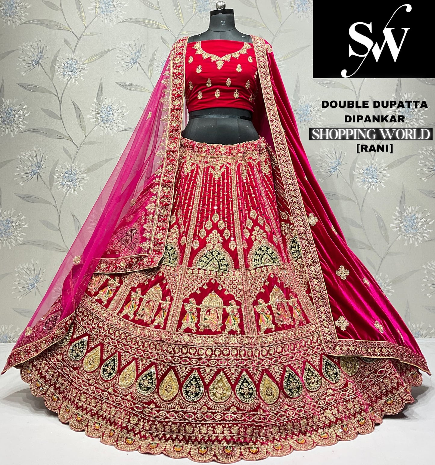 Elegant dark maroon doli barat Velvet bridal Lehenga