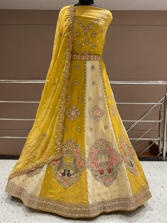 Off White Yellow Double Shade Peacock Lehenga