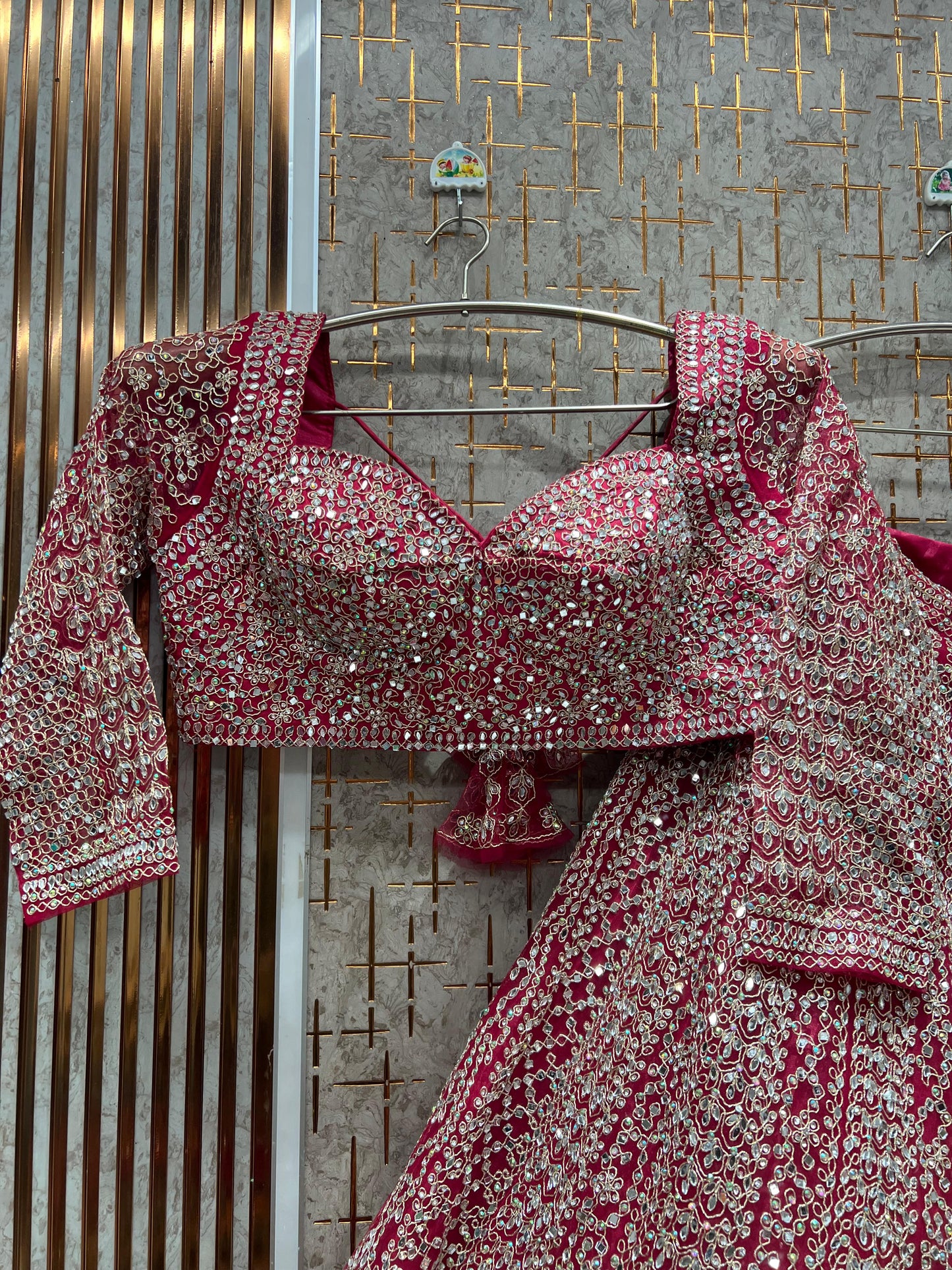 Attractive Hot pink Mirror work Crop Top Lehenga