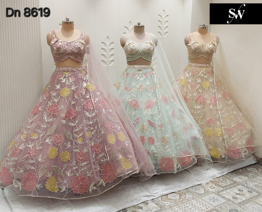 Baby Pink Sky Blue Beige Golden Pdp Crop Top Lehenga