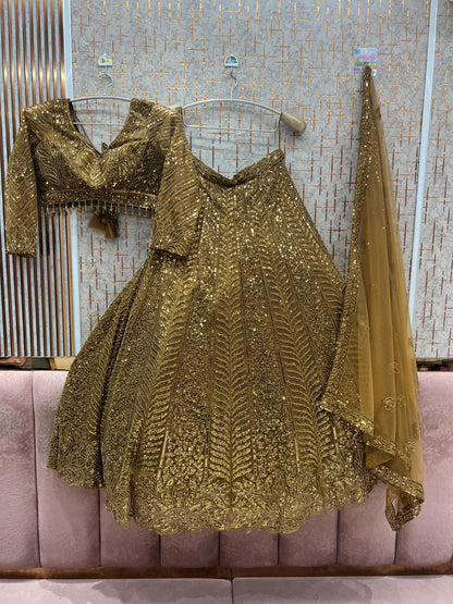 Gorgeous Dark Golden on golden monotone crop Top Lehenga
