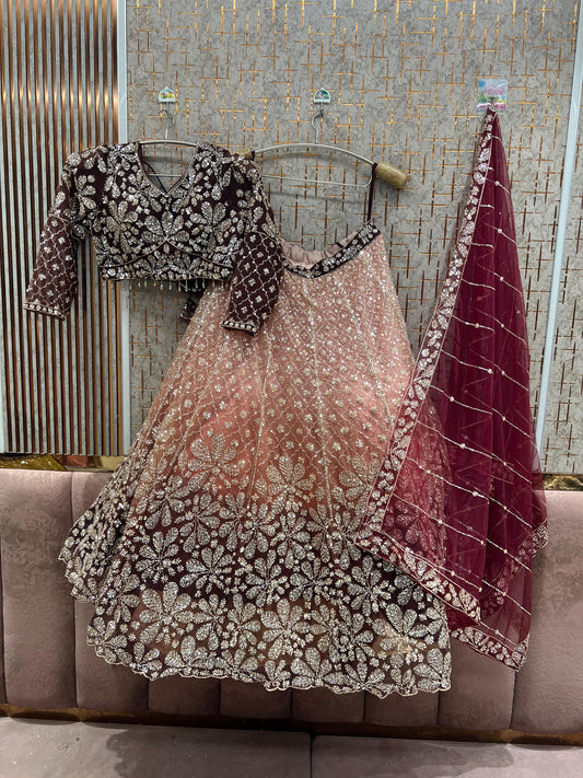 Maroon peach Double Shade Crop Top Lehenga