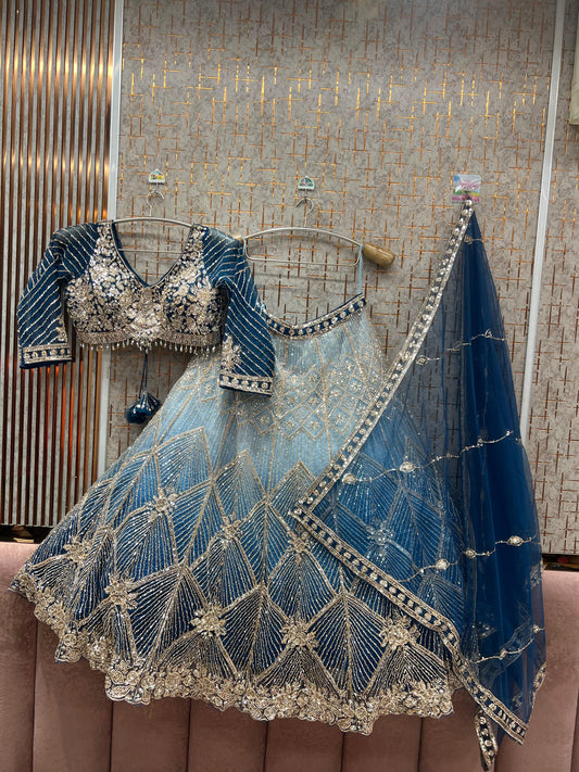 Fantastic Blue Light Blue Double Shade crop Top Lehenga