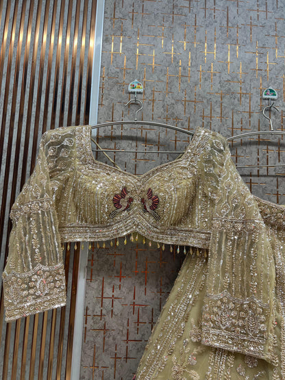 Pista Green Peacock Crop Top Lehenga