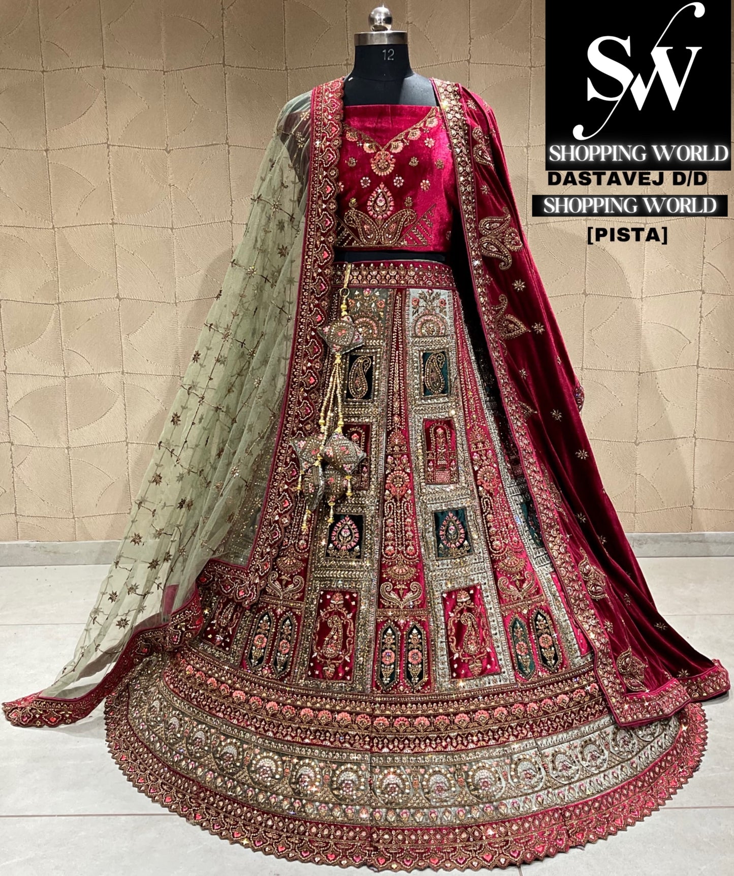 إرضاء Pista Green Maroon Bridal Lehenga