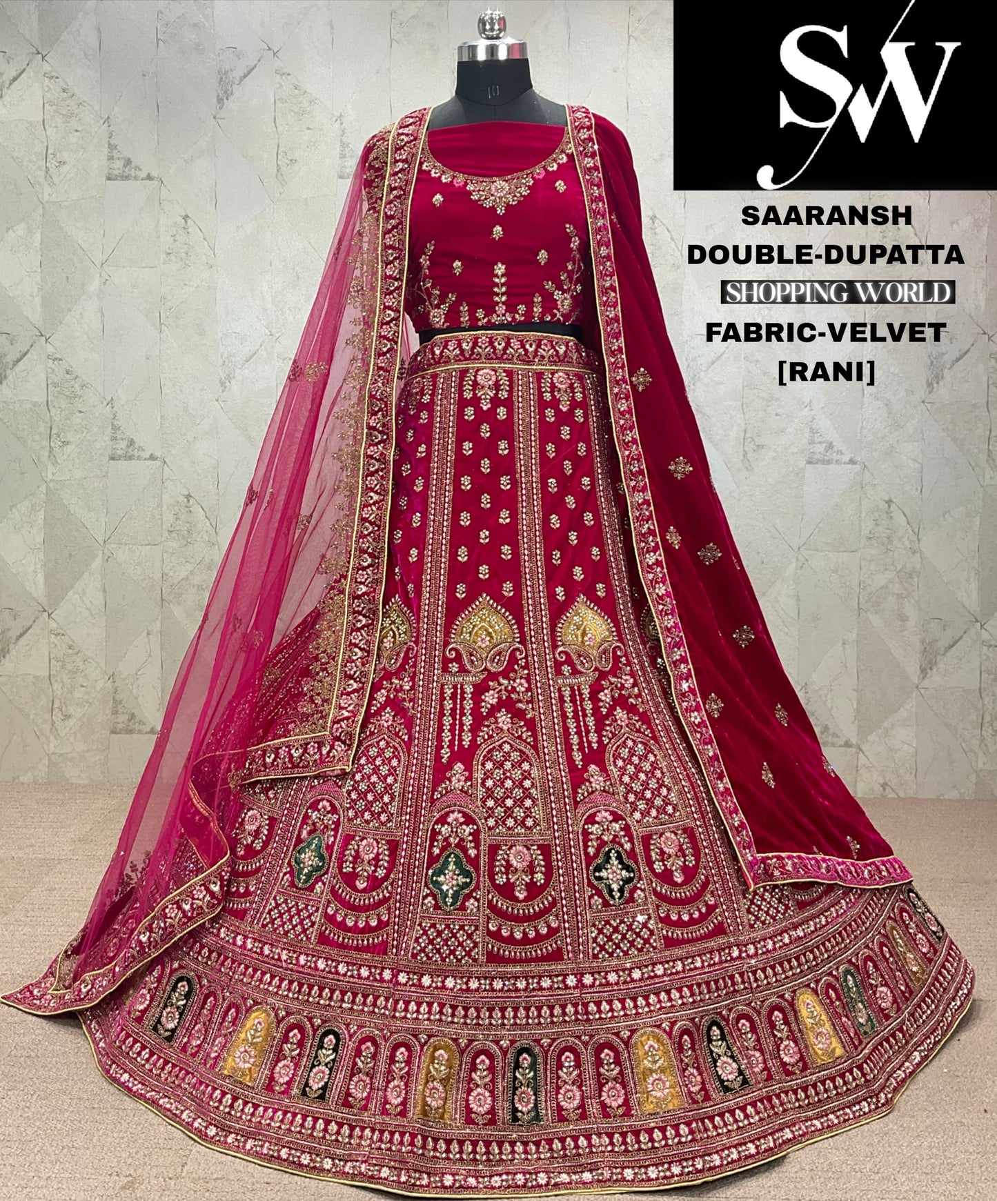 Engaging dark maroon Velvet bridal Lehenga